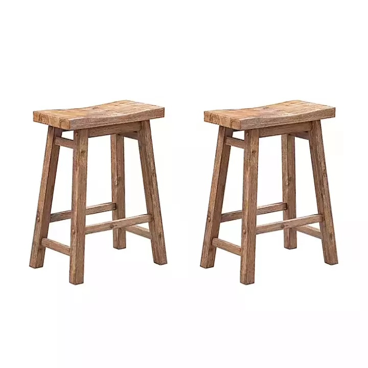 Clearance Acacia Barnwood Saddle Counter Stools, Set of 2 Bar Stools & Counter Height Stools