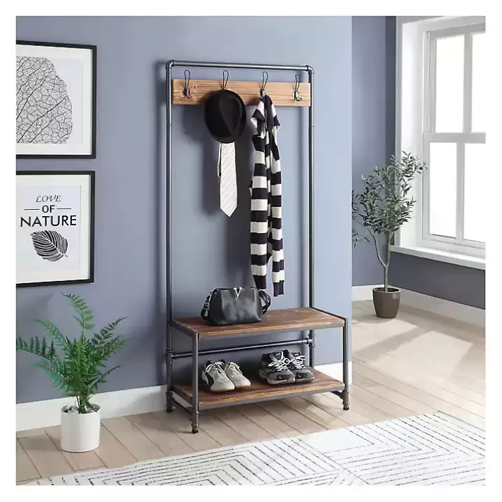 Clearance Annalee Industrial Metal and Wood Hall Tree Entryway Furniture