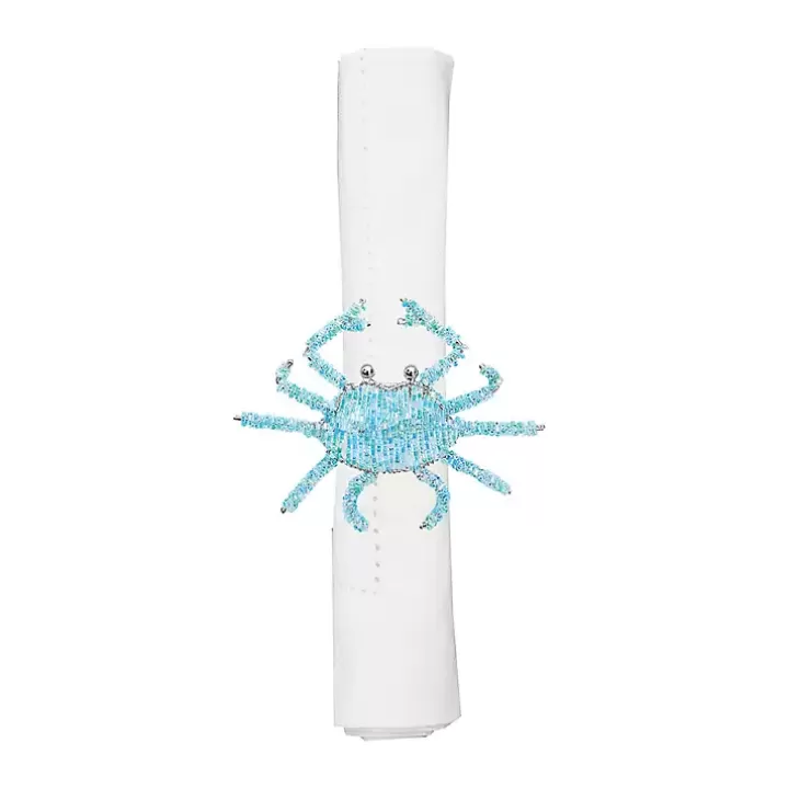 Sale Aqua Beaded Crab Napkin Rings, Set of 6 Table Linens