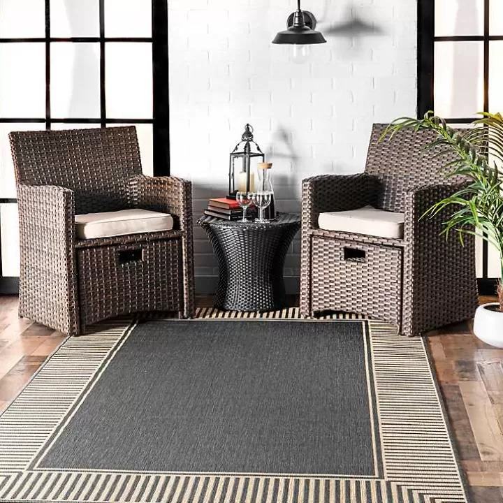 Clearance Asia Gray Stripe Border Outdoor Rug, 5x8 Outdoor Rugs