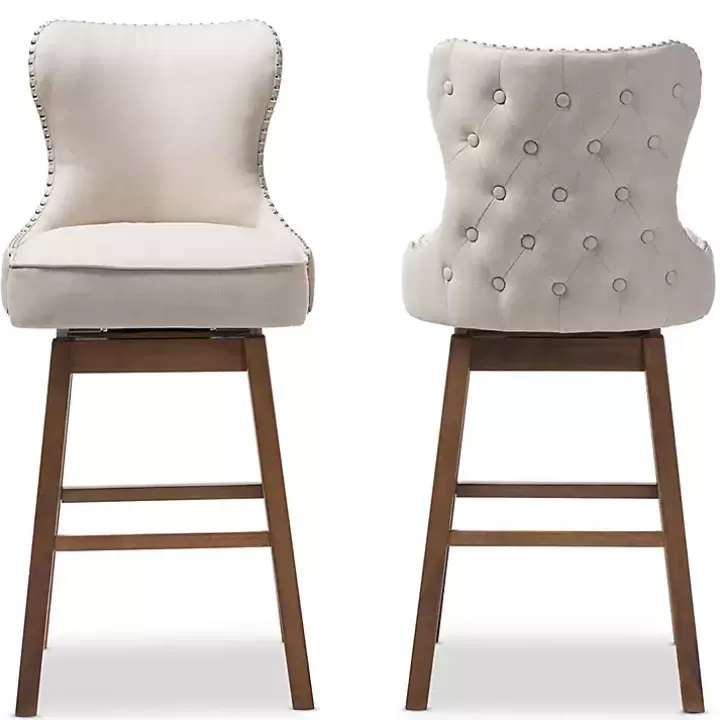 New Beige Button Tufted Swivel Bar Stools, Set of 2 Bar Stools & Counter Height Stools