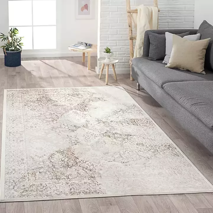 Discount Beige Faded Damask Area Rug, 5x7 Area Rugs
