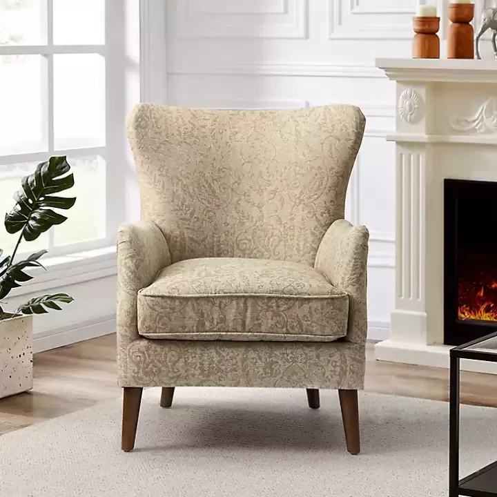 New Beige Floral Damask Wingback Accent Chair Accent Chairs