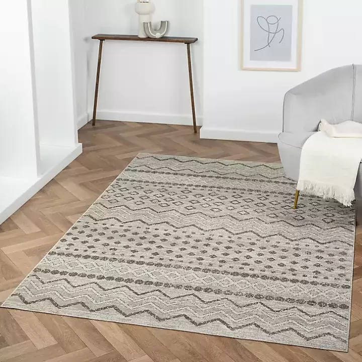 Sale Beige Geometric Stripe Washable Area Rug, 7x9 Area Rugs