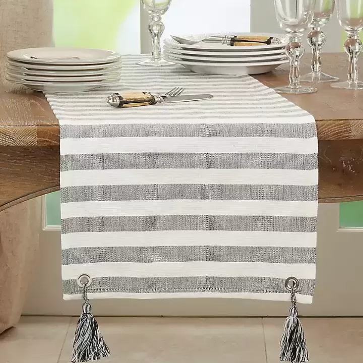 Online Black and White Rustic Stripe Tassel Table Runner Table Linens