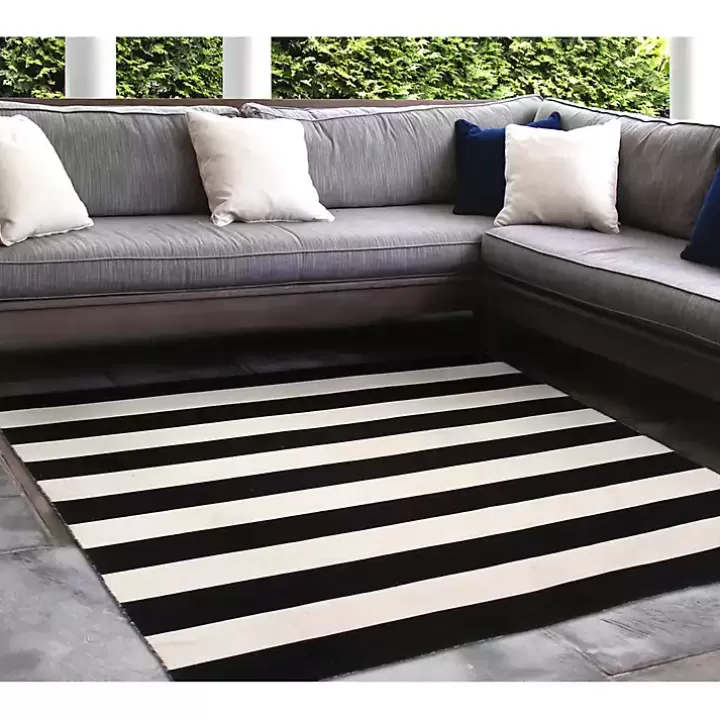 Shop Black Cabana Stripe Indoor/Outdoor Area Rug, 8x8 Outdoor Rugs