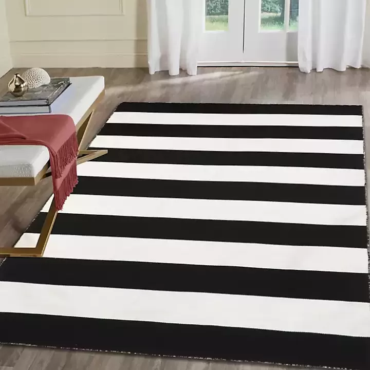 Outlet Black Cabana Stripe Indoor/Outdoor Area Rug, 5x7 Outdoor Rugs