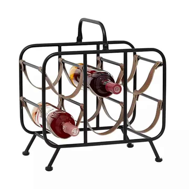 Best Sale Black Metal and Faux Leather Wine Rack Barware