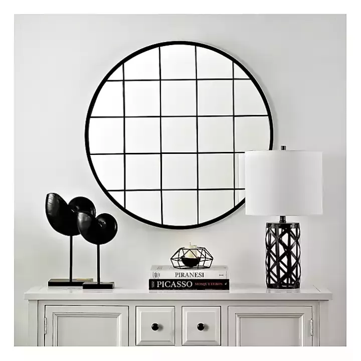 Discount Black Metal Grid Frame Round Wall Mirror Decorative Mirrors