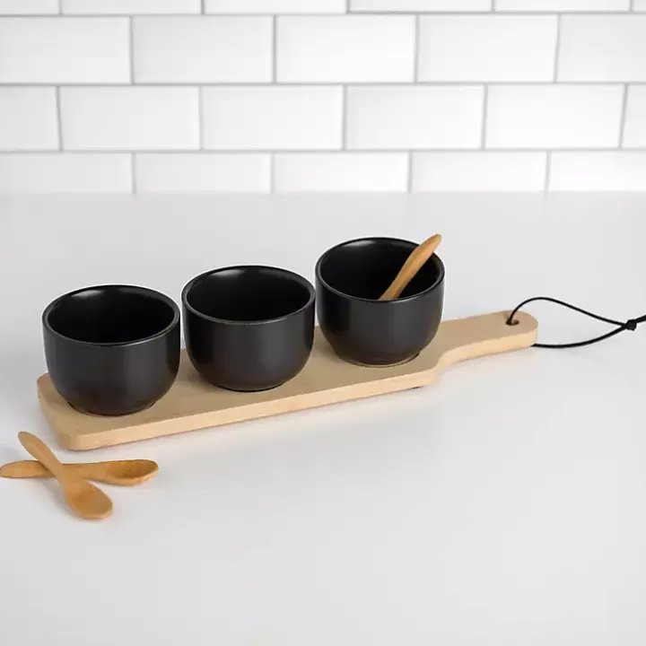 Best Sale Black 3-pc. Dip Bowl Set with Bamboo Tray Serving & Entertaining