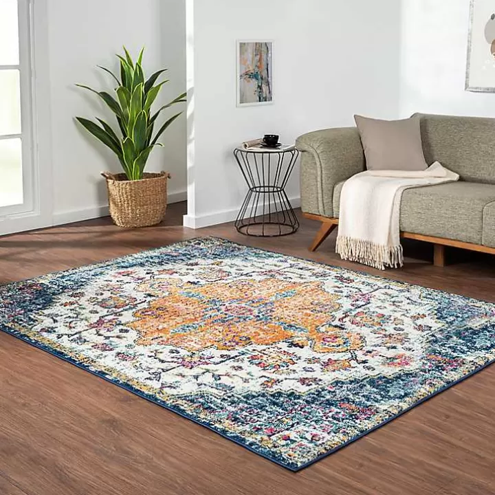 Sale Blue & Orange Boho Medallion Area Rug, 6x9 Area Rugs