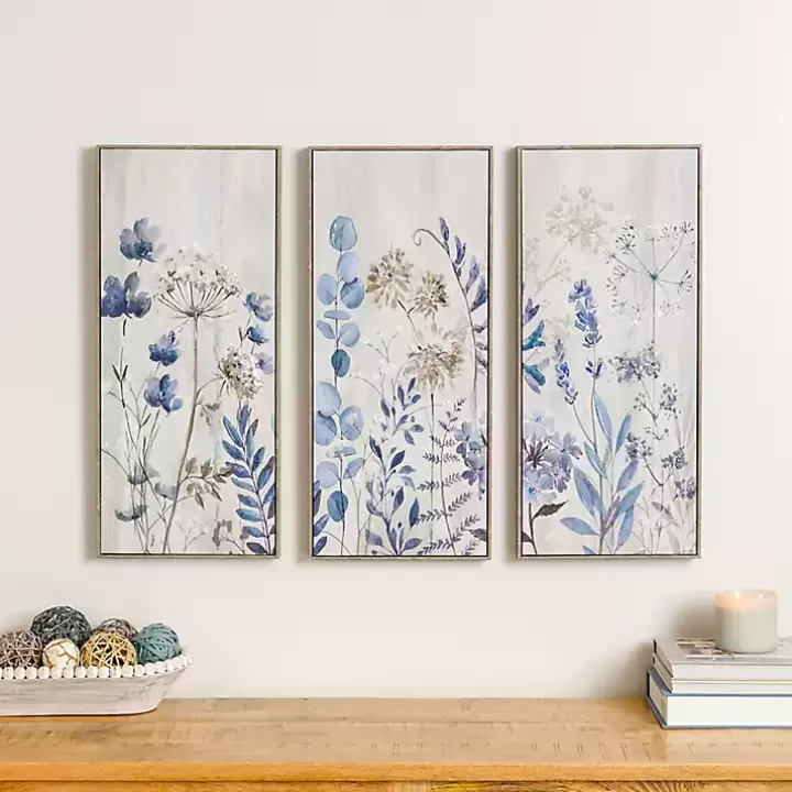 Online Blue and Gray Floral Canvas Art Prints, Set of 3 Canvas Art