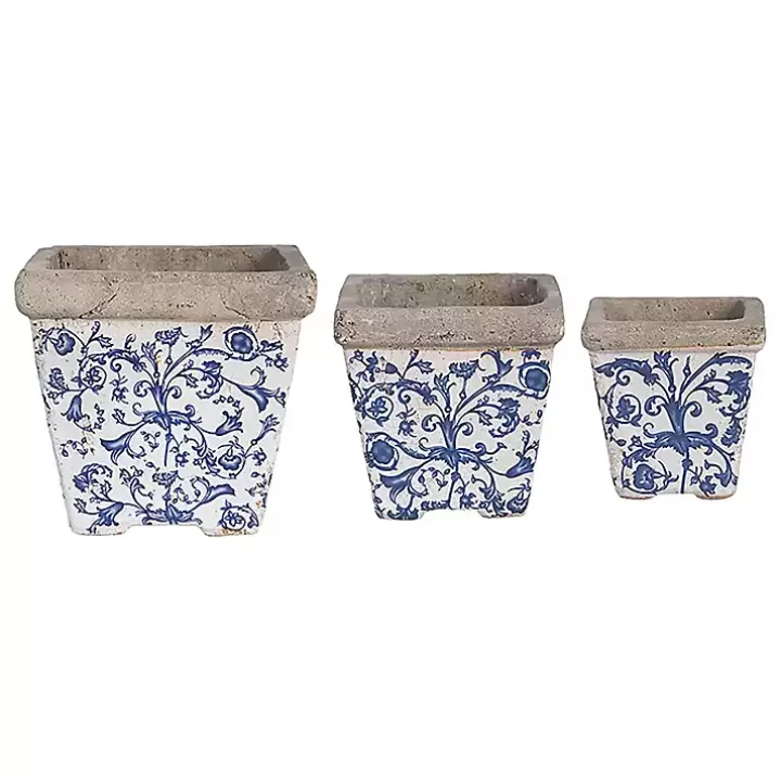 Store Blue and White Ceramic Flower Pots, Set of 3 Planters