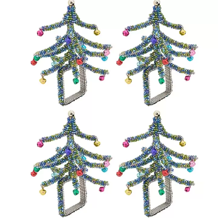 Best Blue Beaded Christmas Tree Napkin Rings, Set of 4 Table Linens