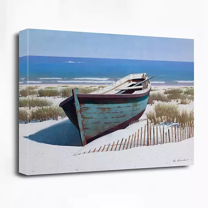 Fashion Blue Boat On Beach Canvas Art Print Canvas Art