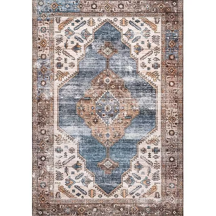 Fashion Blue Distressed Medallion Washable Area Rug, 8x10 Area Rugs