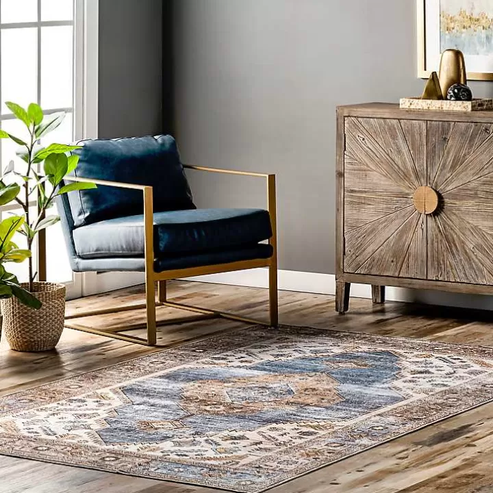 Fashion Blue Distressed Medallion Washable Area Rug, 8x10 Area Rugs