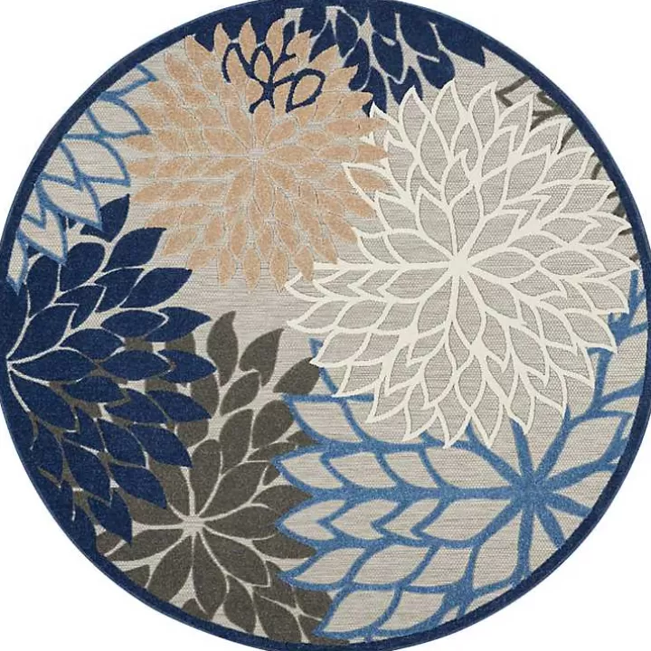 Fashion Blue Floral Burst Round Outdoor Area Rug, 7x7 Outdoor Rugs