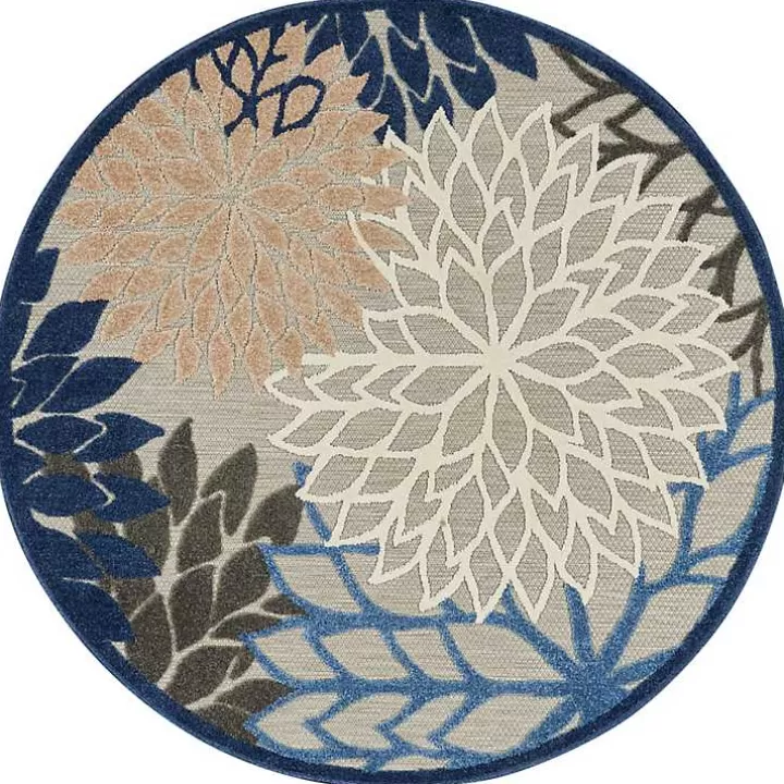 Cheap Blue Floral Burst Round Outdoor Area Rug, 5x5 Outdoor Rugs
