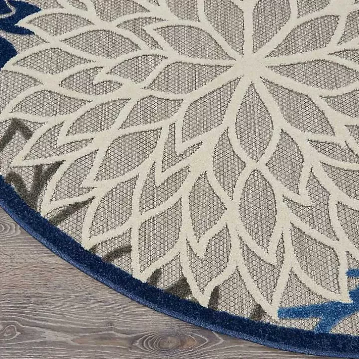 Cheap Blue Floral Burst Round Outdoor Area Rug, 5x5 Outdoor Rugs