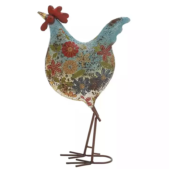 Online Blue Floral Metal Rooster Statue Garden Statues