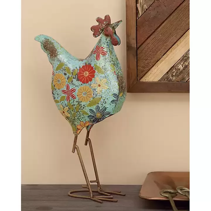 Online Blue Floral Metal Rooster Statue Garden Statues