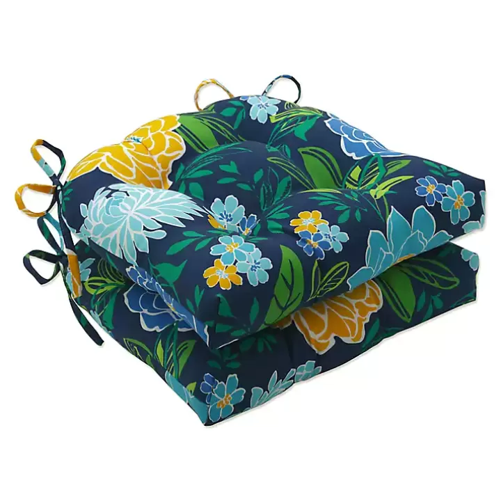 Sale Blue Floral Tufted Outdoor Seat Cushions, Set of 2 Outdoor Cushions & Pillows