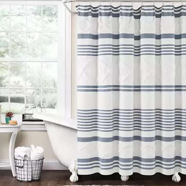 Sale Blue Stripe Diamond Tufted Shower Curtain Shower Curtains