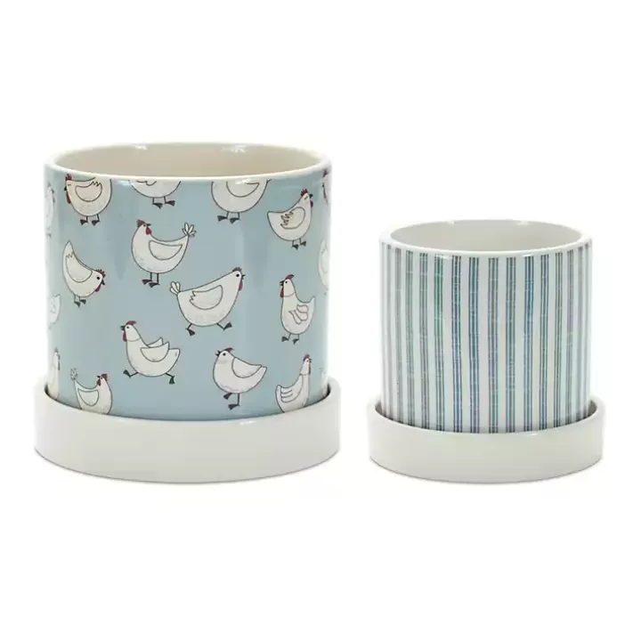 Online Blue Striped and Chicken Decorative Pots, Set of 2 Planters