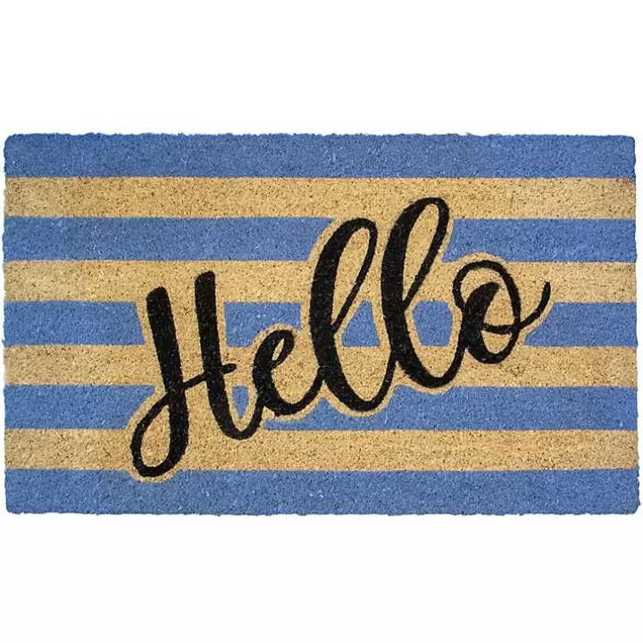 Discount Blue Striped Hello Doormat Doormats