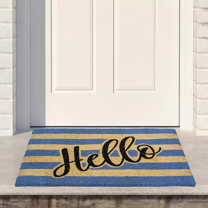 Discount Blue Striped Hello Doormat Doormats