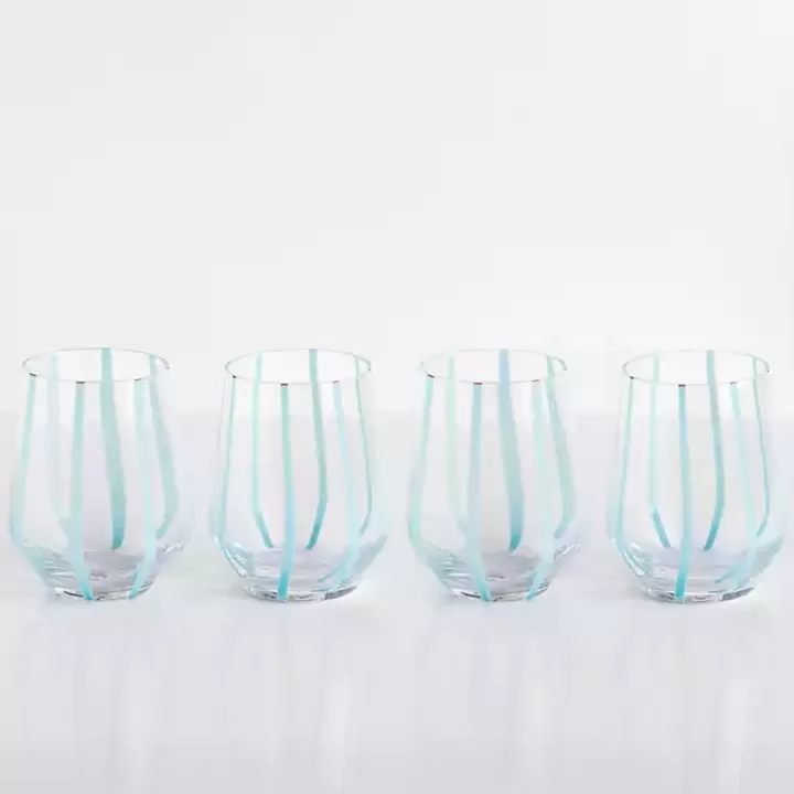 Shop Blue Striped Stemless Wine Glasses, Set of 4 Glassware & Drinkware