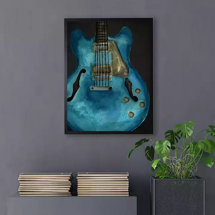 Hot Blue Watercolor Guitar Framed Art Print Framed Art