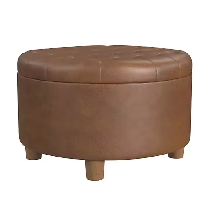 Sale Round Faux Leather Tufted Storage Ottoman Benches & Ottomans