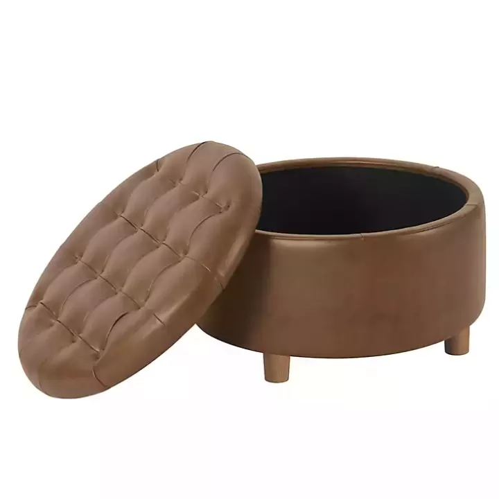 Sale Round Faux Leather Tufted Storage Ottoman Benches & Ottomans