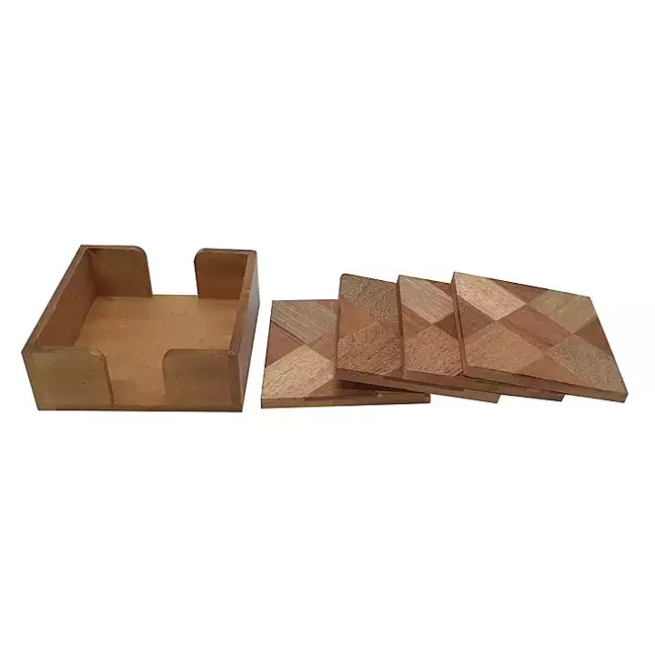 Outlet Wood Tile Coasters and Holder, Set of 5 Kitchen Accessories