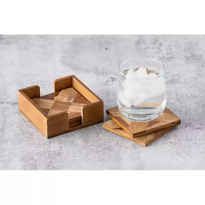 Outlet Wood Tile Coasters and Holder, Set of 5 Kitchen Accessories