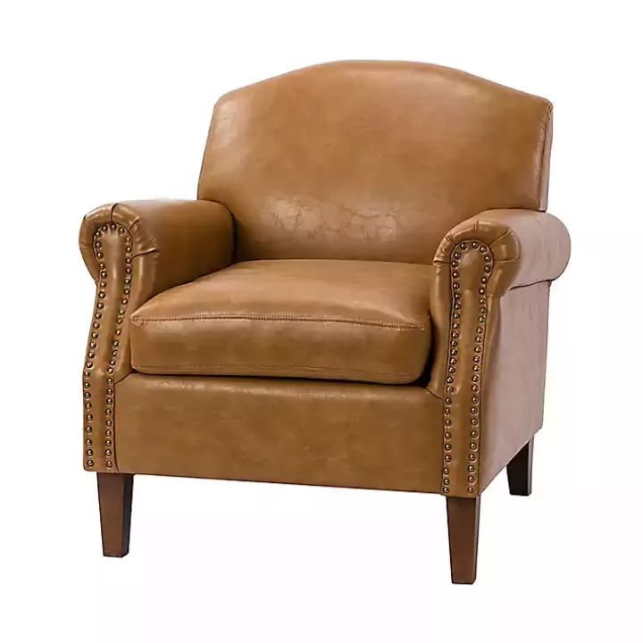 Clearance Camel Faux Leather Nailhead Taylor Armchair Accent Chairs