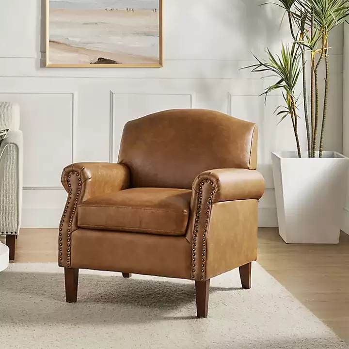 Clearance Camel Faux Leather Nailhead Taylor Armchair Accent Chairs