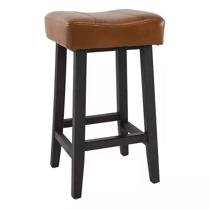 New Caramel Wood and Faux Leather Backless Stool Bar Stools & Counter Height Stools