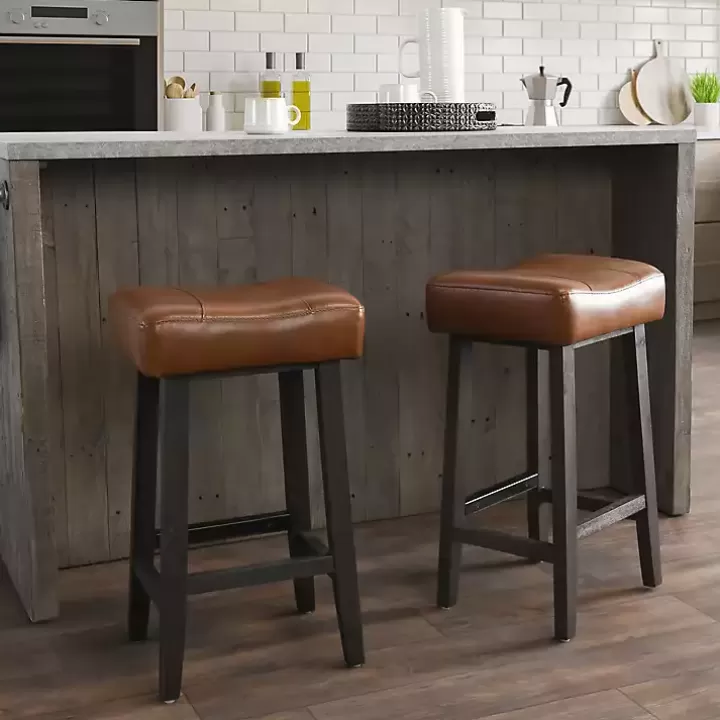 New Caramel Wood and Faux Leather Backless Stool Bar Stools & Counter Height Stools