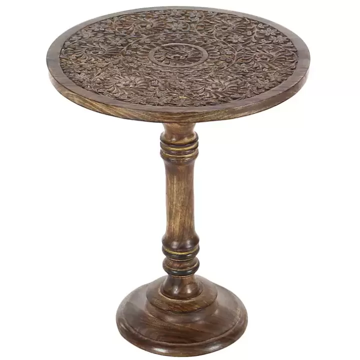 New Carved Mandala Mango Wood Accent Table Accent & End Tables