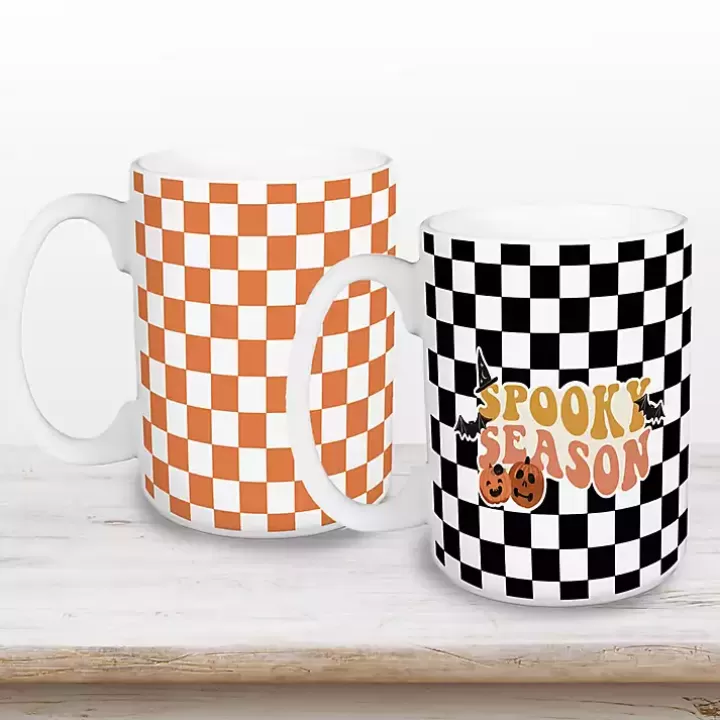 Flash Sale Checkered Spooky Season Halloween Mugs, Set of 2 Glassware & Drinkware