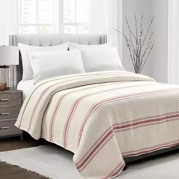 Fashion Cherry Red Pick Stitch Stripe Queen Quilt Quilts