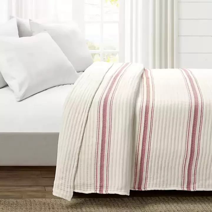 Fashion Cherry Red Pick Stitch Stripe Queen Quilt Quilts