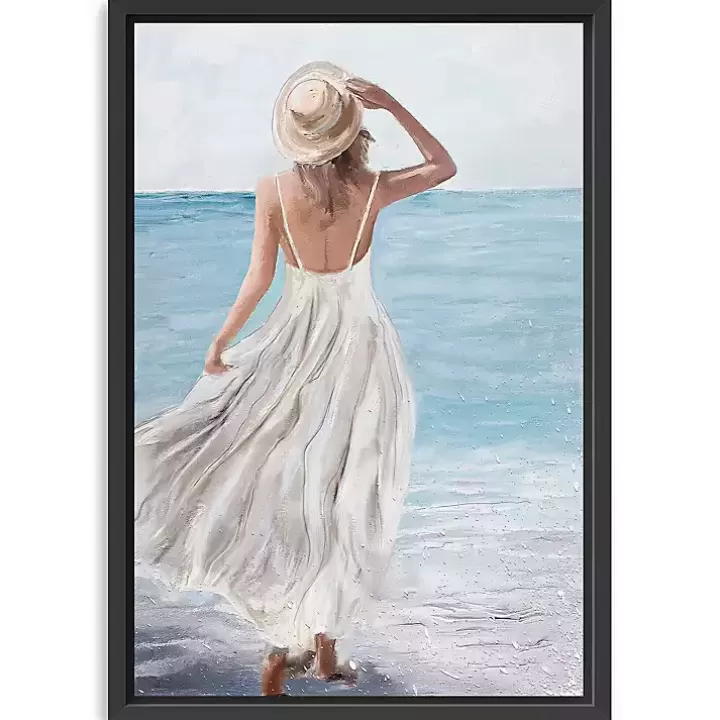 Outlet Coastal Woman in White Framed Canvas Art Print Canvas Art