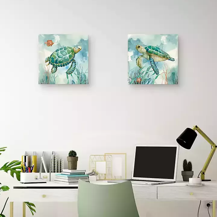 New Coral Bay Sea Turtle Canvas Art Prints, Set of 2 Canvas Art