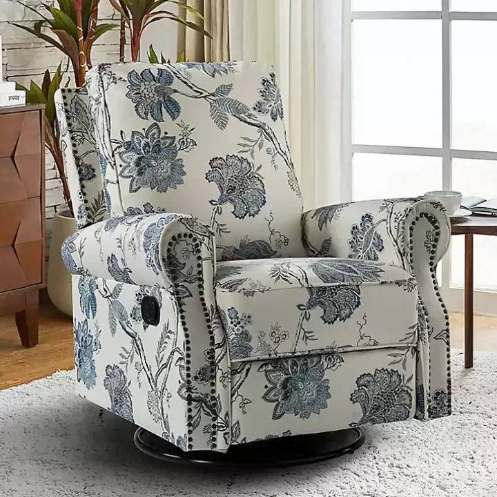 Flash Sale Cream and Blue Vintage Floral Rocking Recliner Accent Chairs