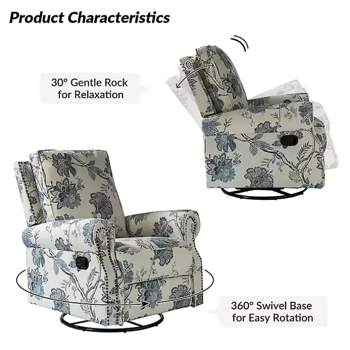 Flash Sale Cream and Blue Vintage Floral Rocking Recliner Accent Chairs