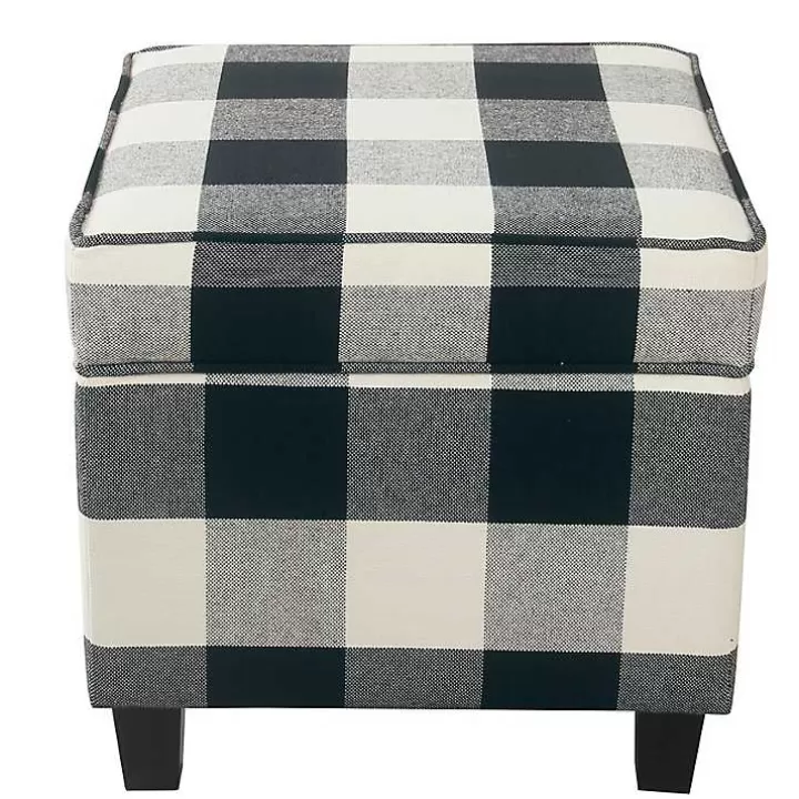 Discount Cream Buffalo Plaid Upholstered Storage Ottoman Benches & Ottomans